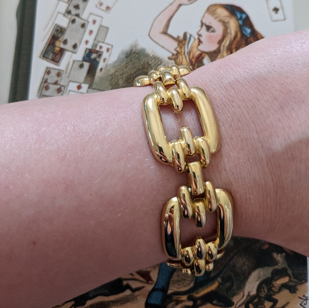 Vintage 1970s gold toned geometric bracelet jewelry sleek 70s funky style